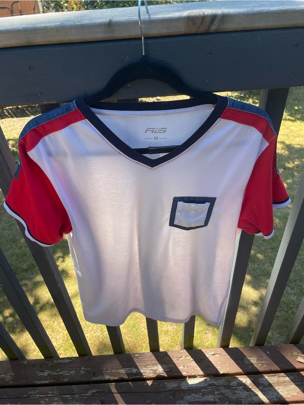 Men's unique Colorblock pocket tee with denim shoulder accents